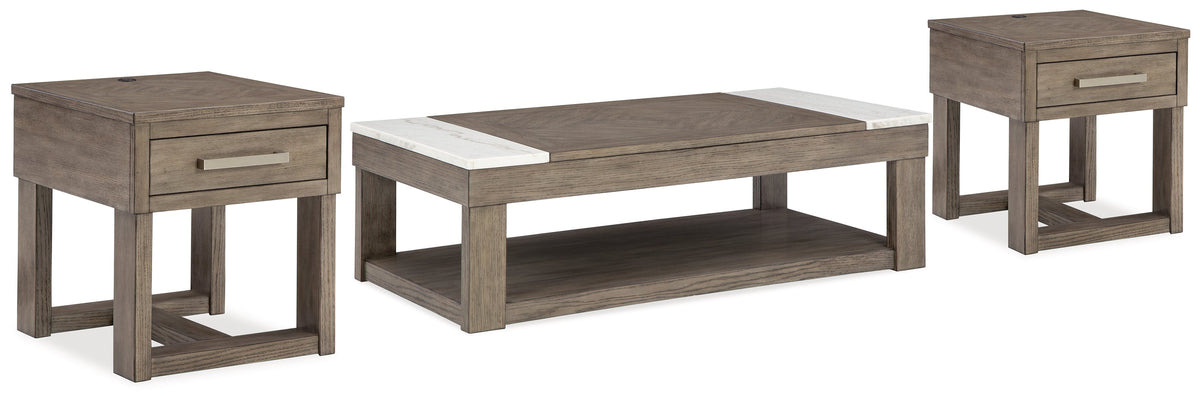 Loyaska Coffee Table with 2 End Tables in Grayish Brown/White by Ashley at Eve Furniture