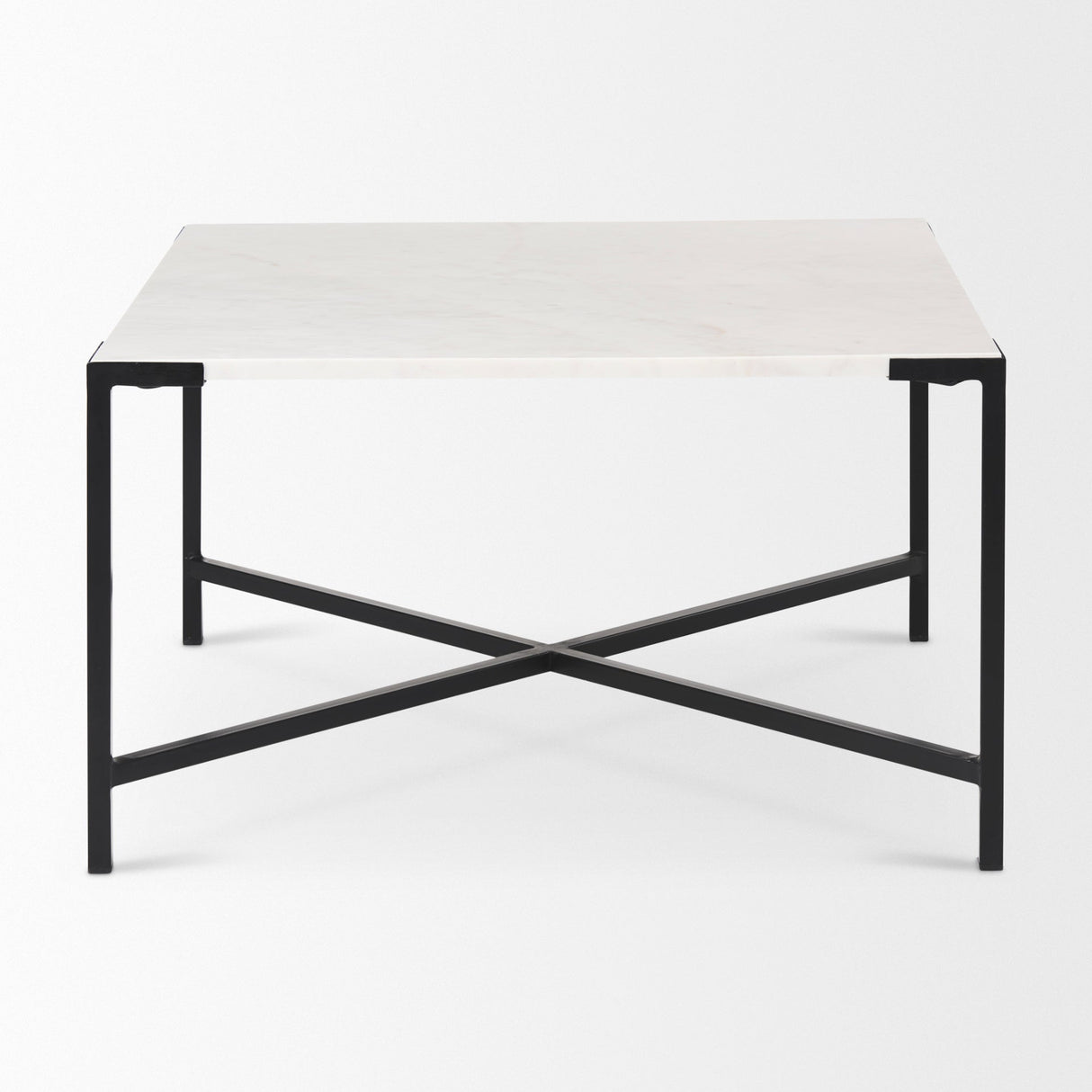 Lucas 30x30 White Marble Top Black Metal Base Coffee Table by Mercana at Eve Furniture