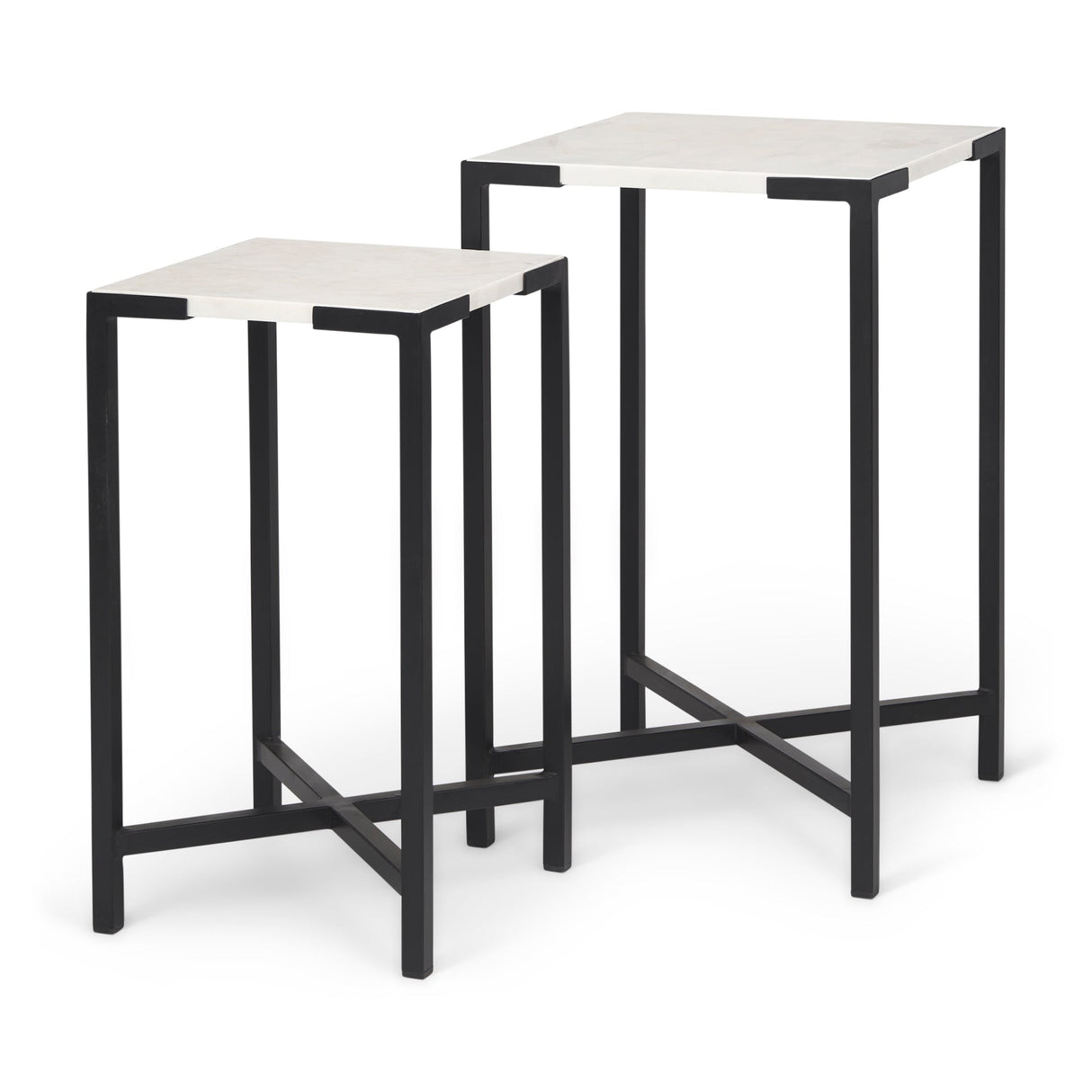 Lucas III (Set of 2) 15L x 15W; 12L x 12W White Marble W/Black Iron Frame Accent Tables by Mercana at Eve Furniture
