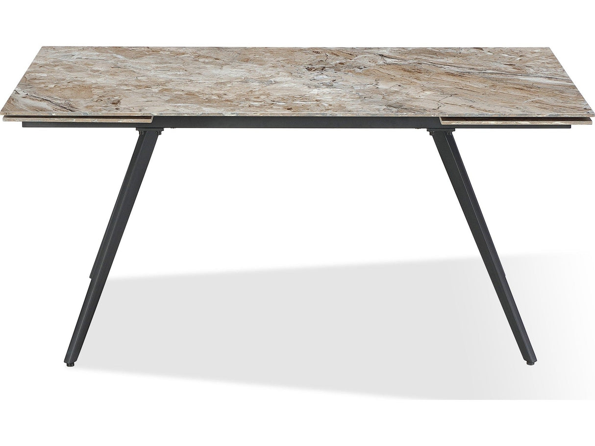 Lucia Rich Brown/Black Double Extension Stone Top Metal Leg Dining Table by Modus Furniture at Eve Furniture