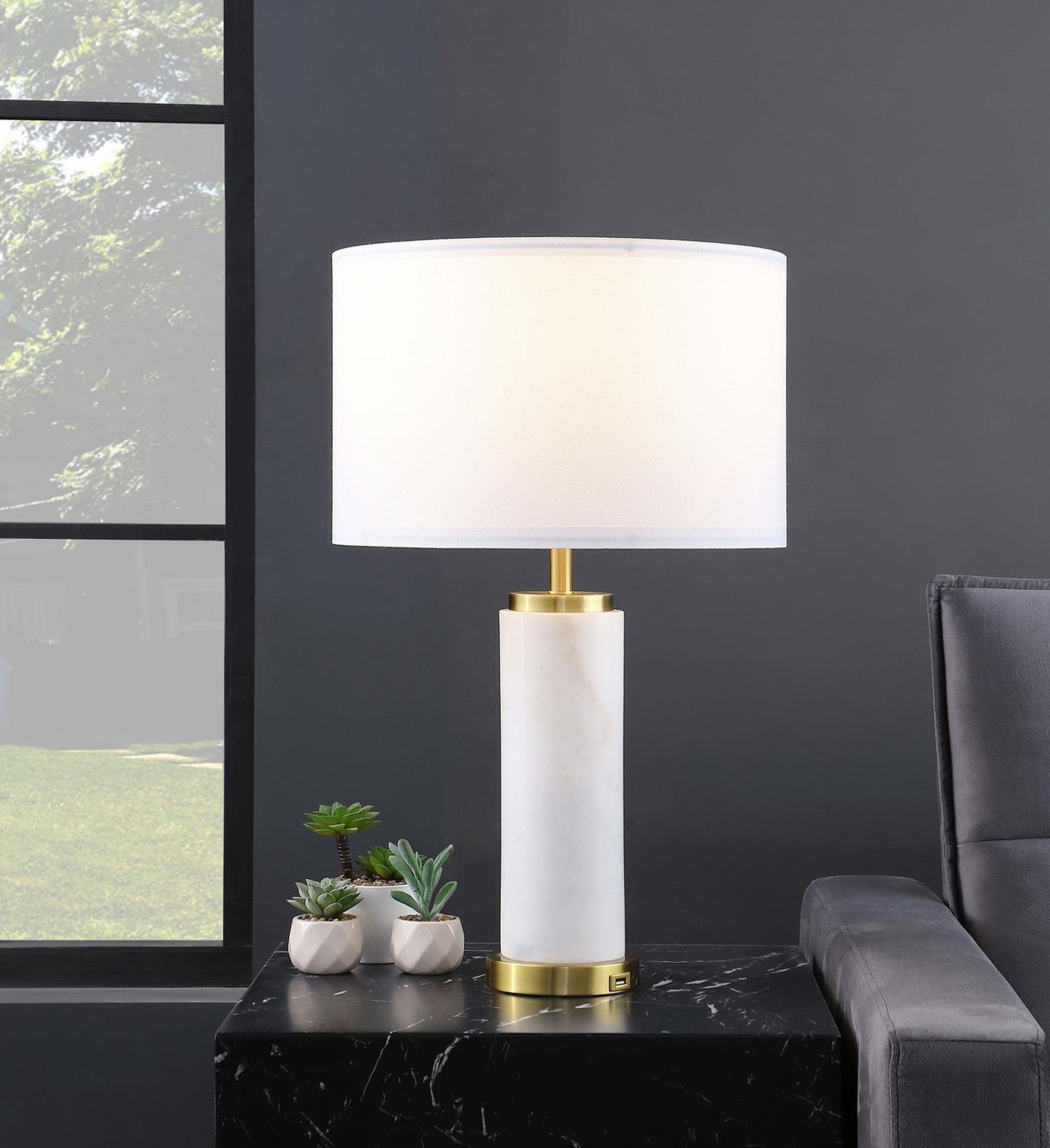 Lucius White and Gold Drum Shade Bedside Table Lamp by Coaster at Eve Furniture