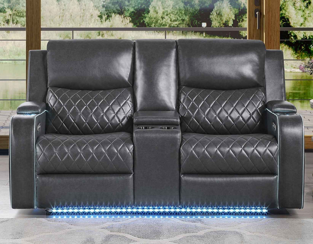 Luna Home Cinema Power Reclining Console Loveseat, Charcoal Vegan Leather by Steve Silver at Eve Furniture