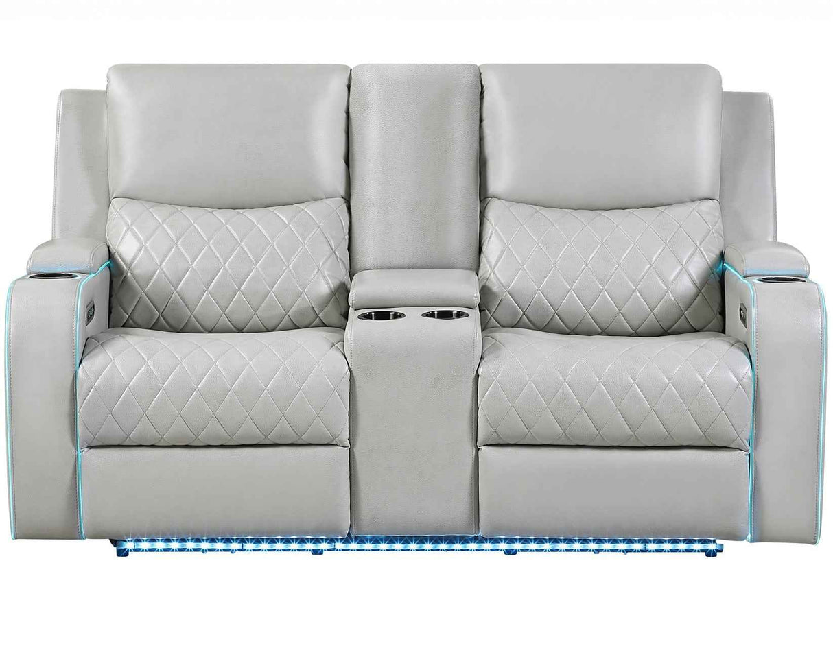 Luna Home Cinema Power Reclining Console Loveseat, Ice Vegan Leather by Steve Silver at Eve Furniture