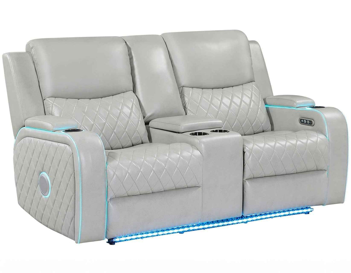 Luna Home Cinema Power Reclining Console Loveseat, Ice Vegan Leather by Steve Silver at Eve Furniture