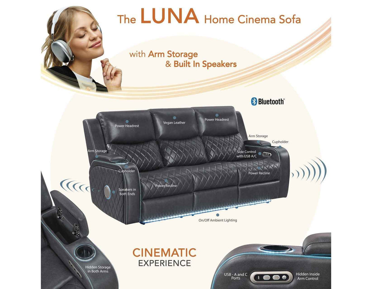 Luna Home Cinema Power Reclining Sofa, Charcoal Vegan Leather by Steve Silver at Eve Furniture