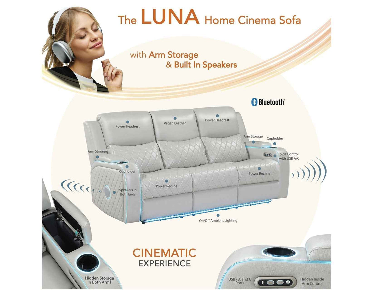 Luna Home Cinema Power Reclining Sofa, Ice Vegan Leather by Steve Silver at Eve Furniture