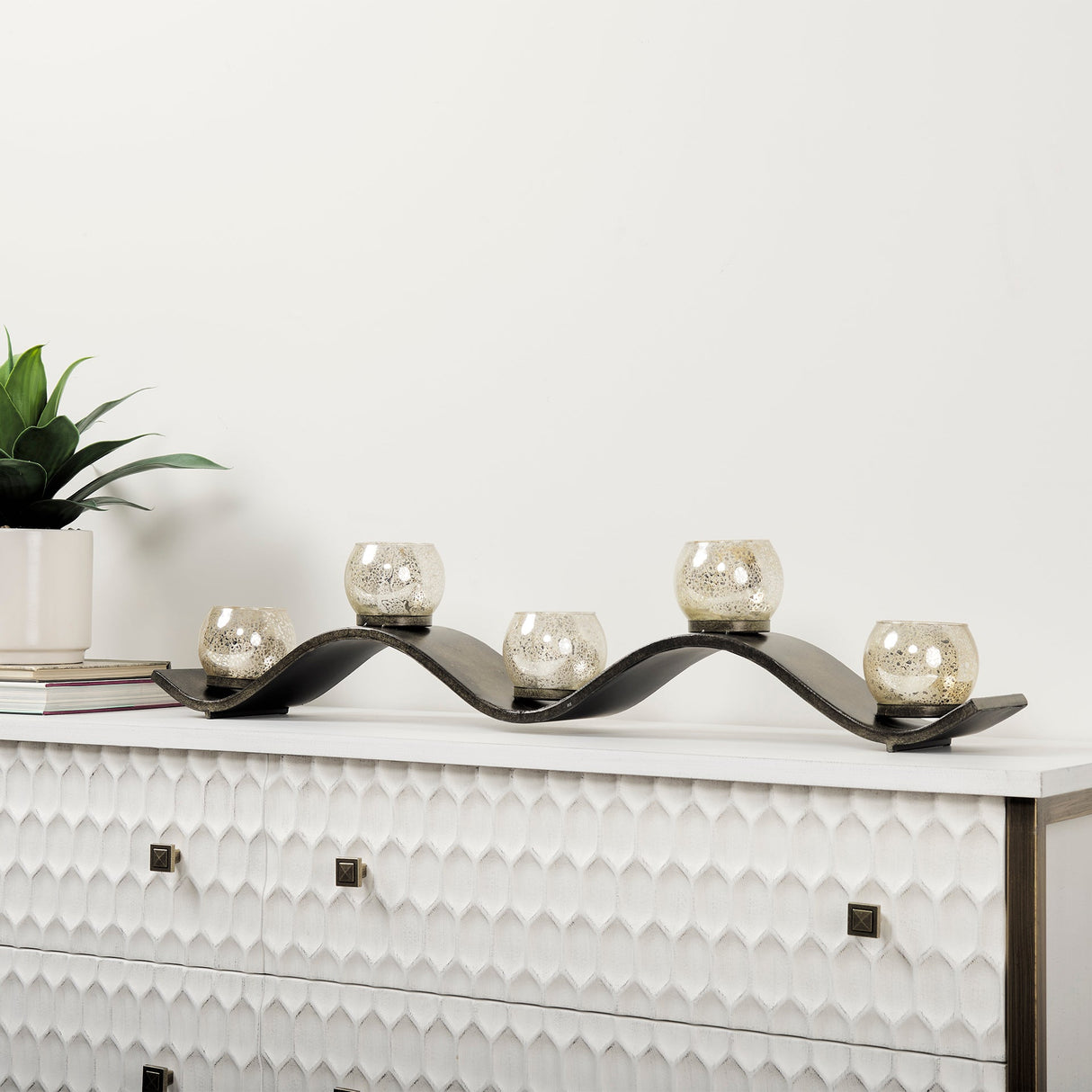 Lux Copper Metal Five Hurricane Glass Holder Table Candle Holder by Mercana at Eve Furniture