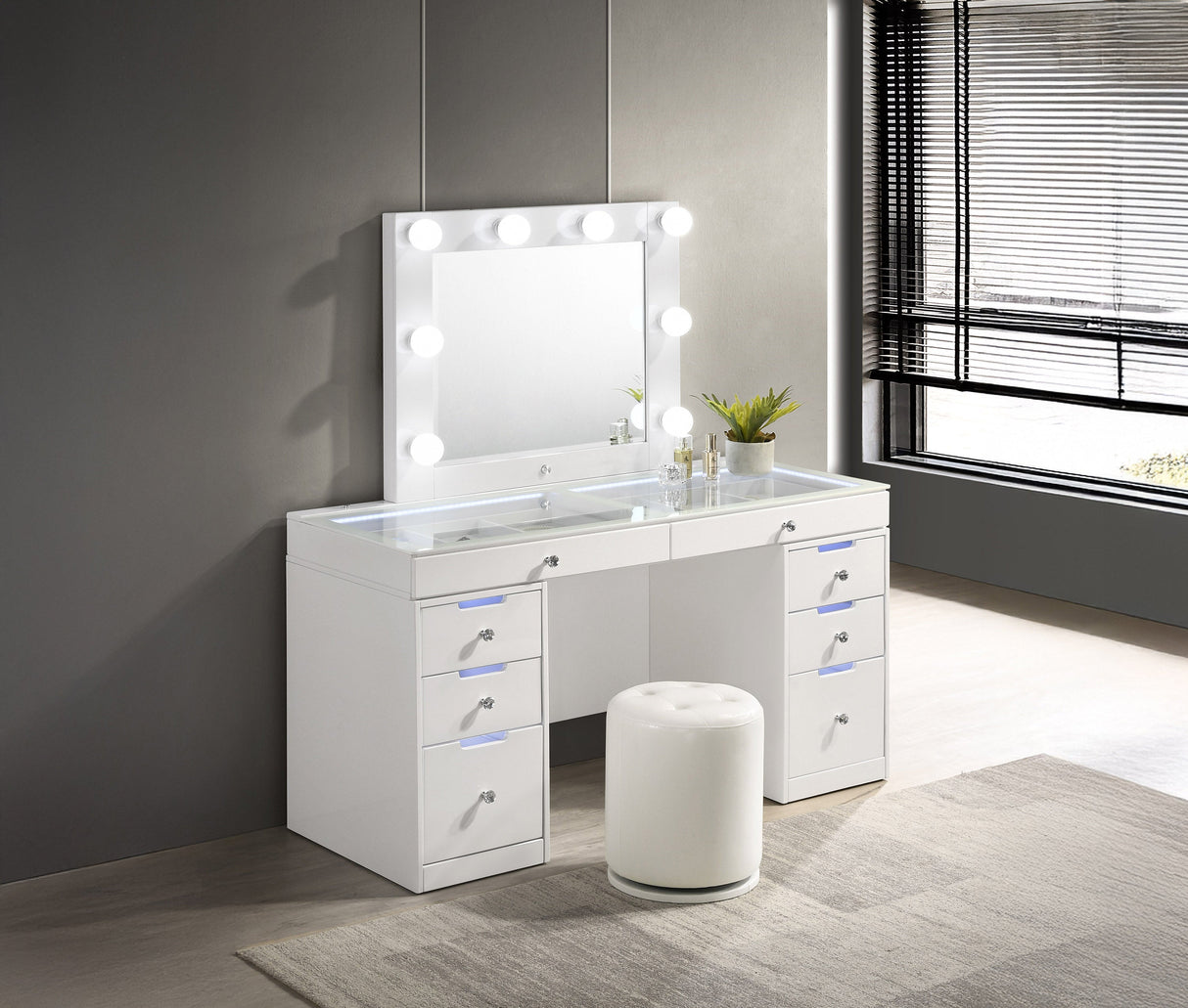 Luxo White Vanity Set w/LED Mirror & Stool