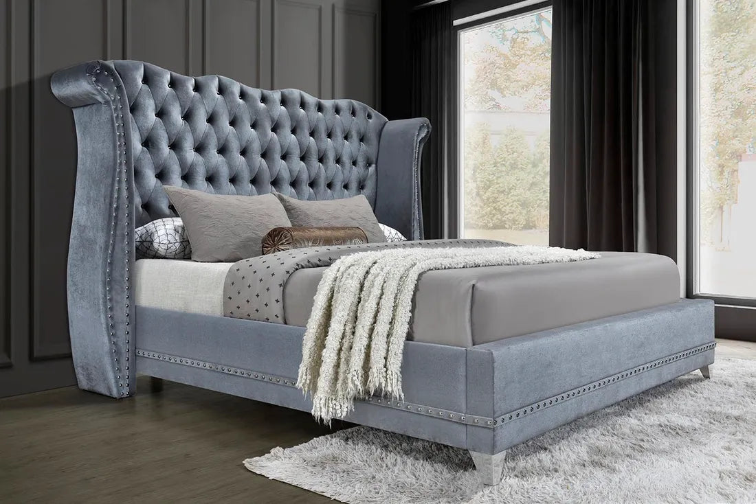 Luxor Gray Velvet Queen Platform Bed by Happy Homes at Eve Furniture
