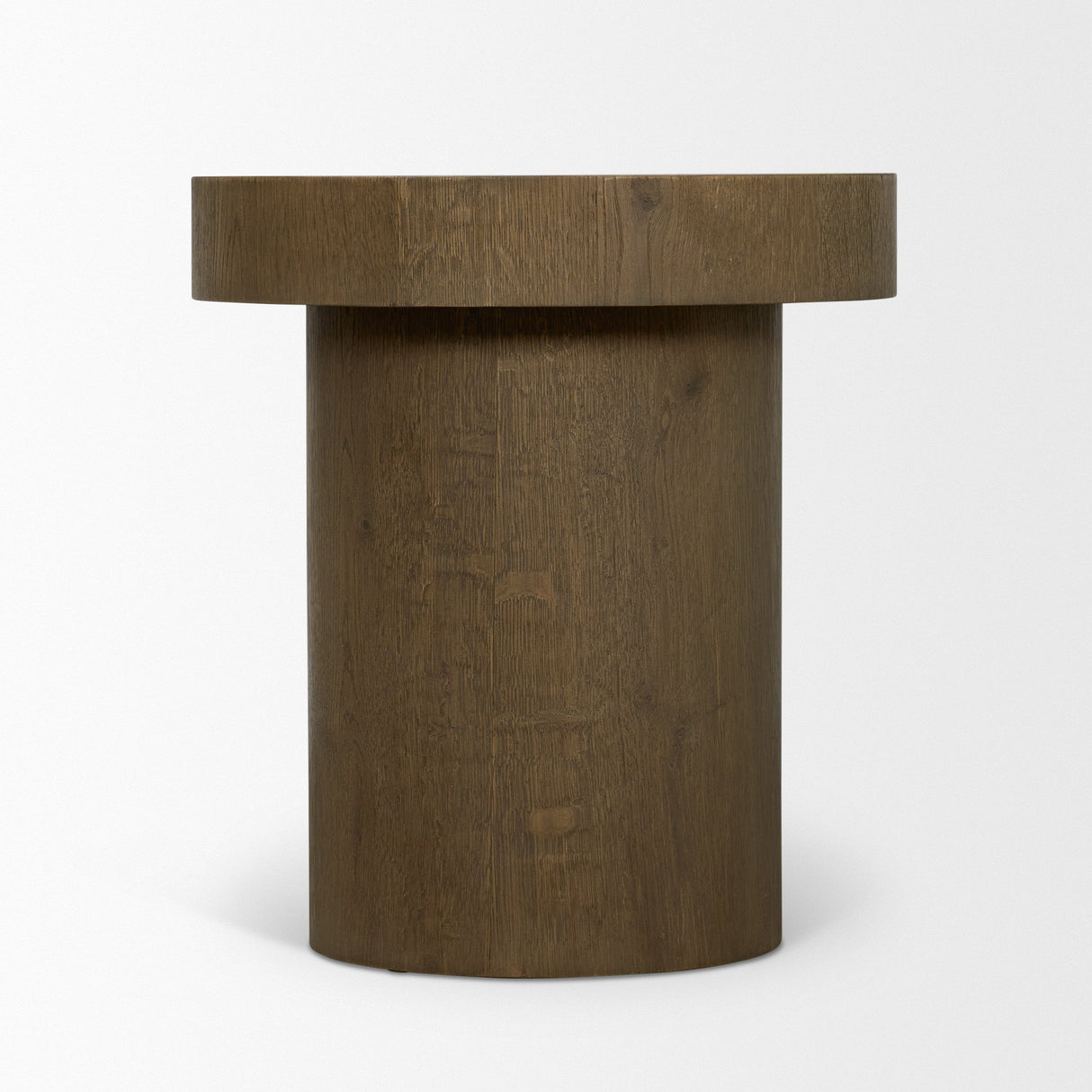 Lyonne Round Medium Brown Oak Wood Pedestal Side Tables by Mercana at Eve Furniture