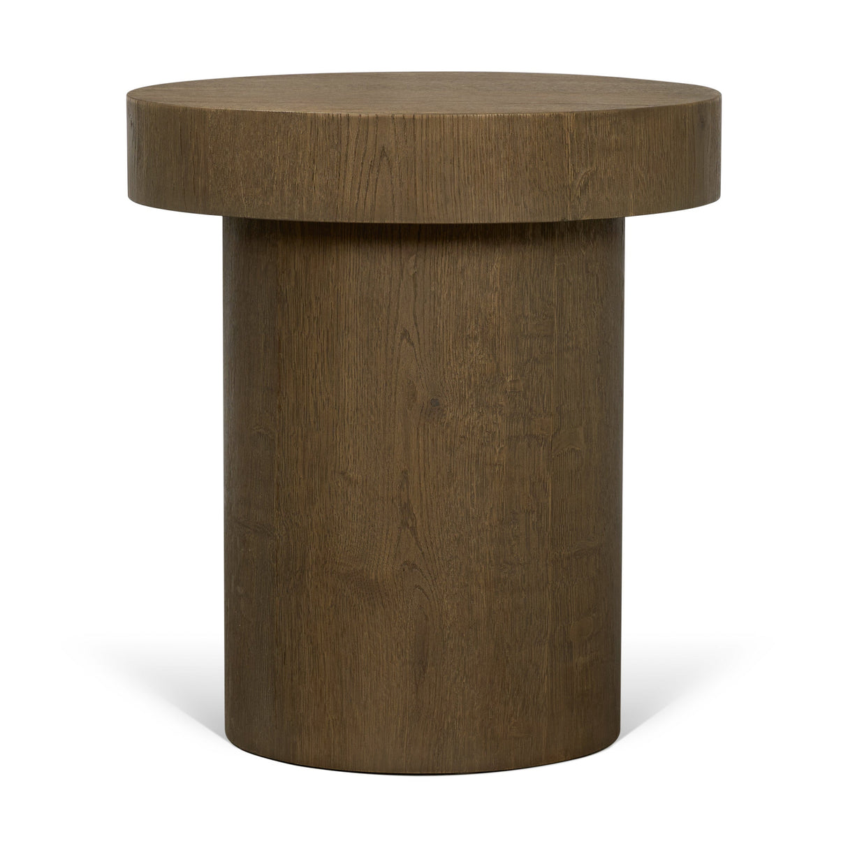 Lyonne Round Medium Brown Oak Wood Pedestal Side Tables by Mercana at Eve Furniture