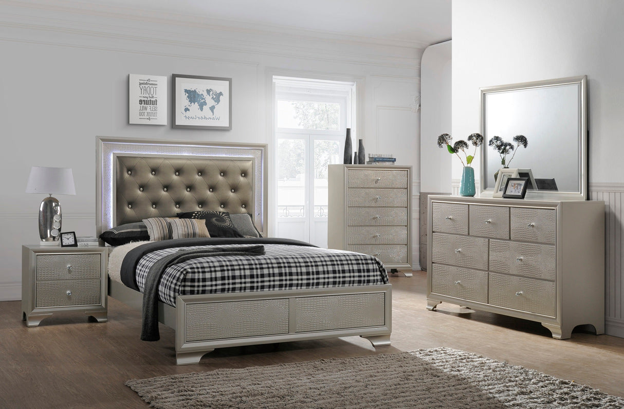 Lyssa Champagne King LED Upholstered Panel Bed by Crown Mark at Eve Furniture