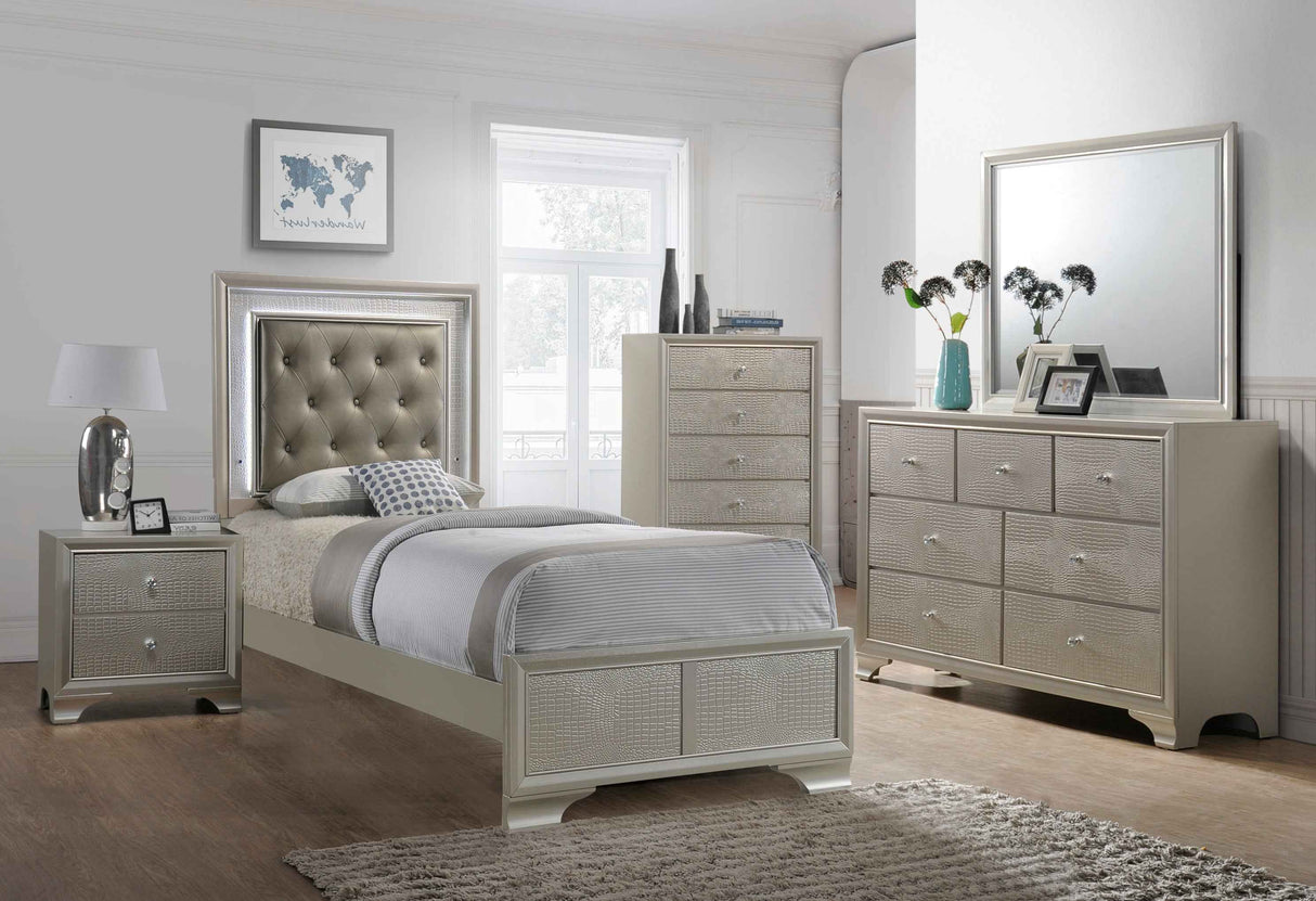 Lyssa Champagne Twin LED Upholstered Panel Bed by Crown Mark at Eve Furniture