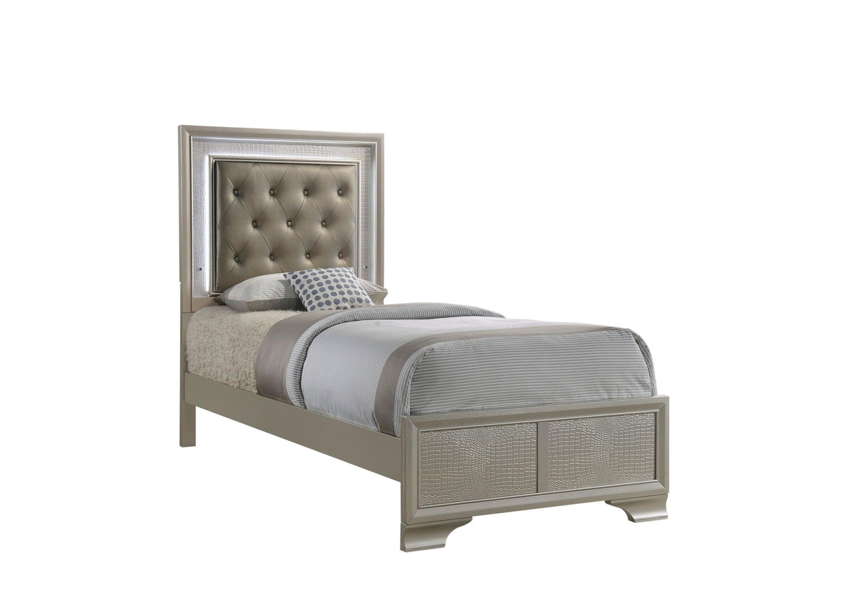 Lyssa Champagne Twin LED Upholstered Panel Bed by Crown Mark at Eve Furniture