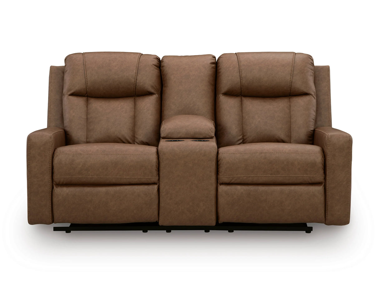Mackmenville Caramel Reclining Loveseat with Console by Ashley at Eve Furniture