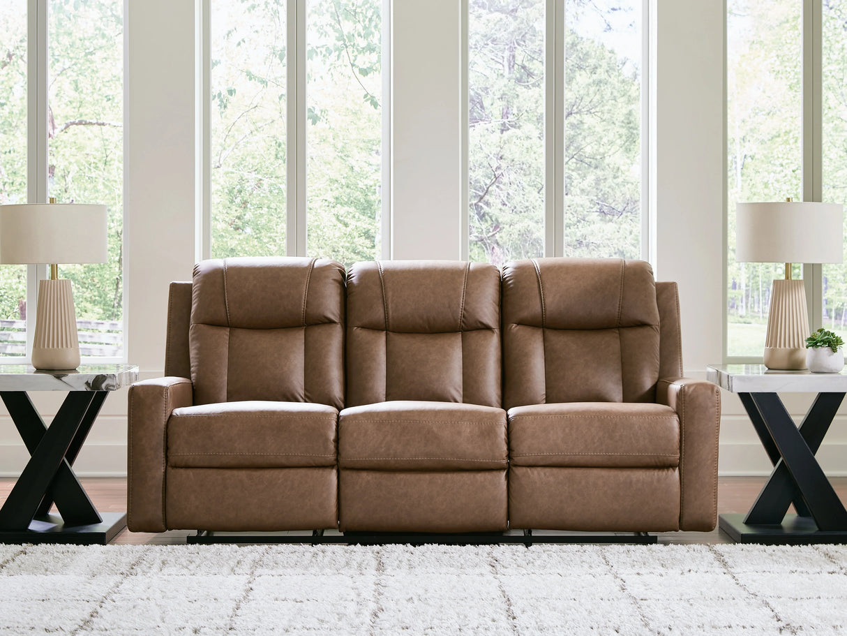 Mackmenville Caramel Reclining Sofa by Eve Furniture at Eve Furniture