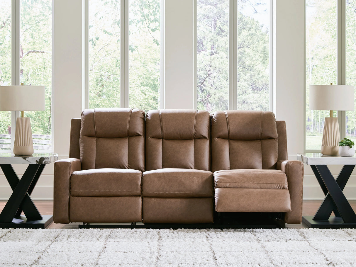 Mackmenville Caramel Reclining Sofa by Eve Furniture at Eve Furniture