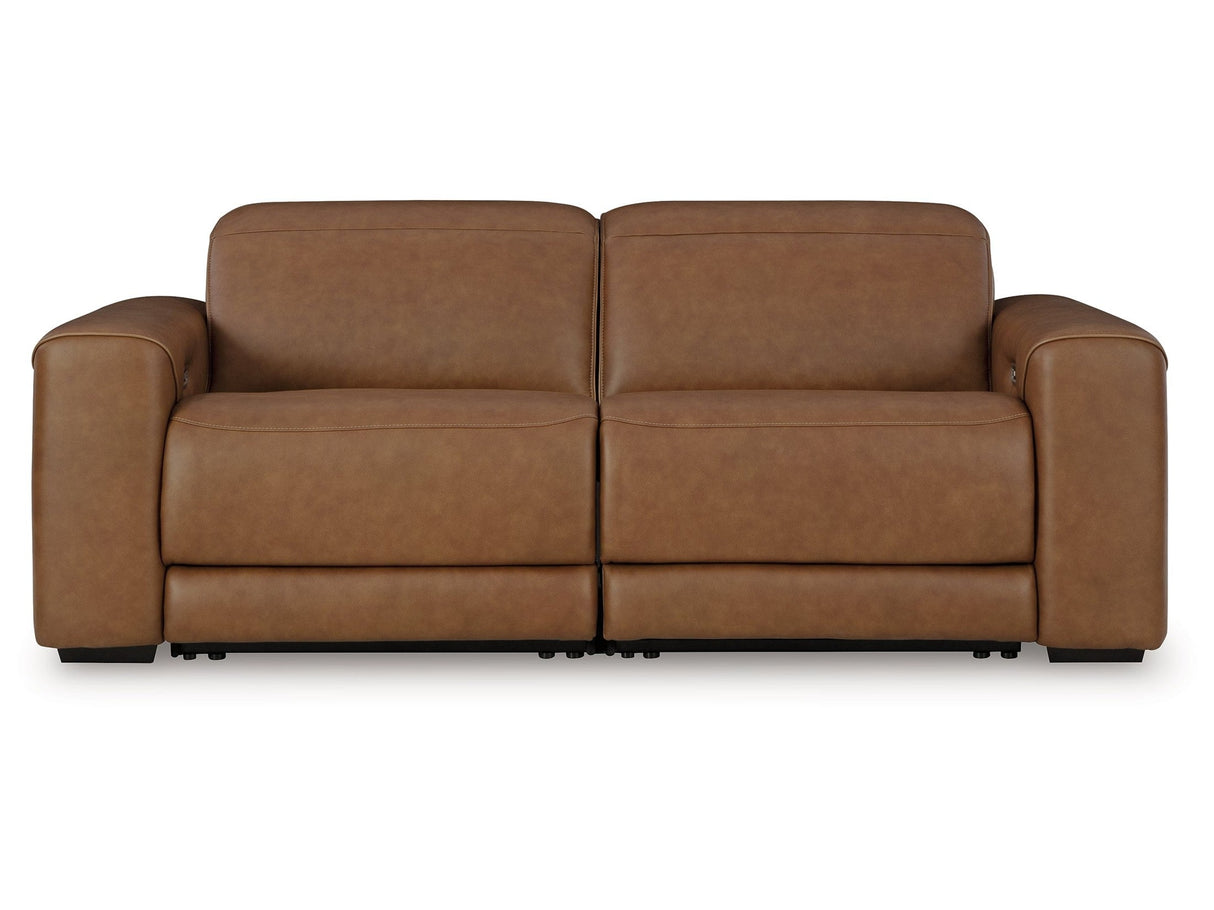 Magic Man Caramel 2-Piece Dual Power Leather Reclining Modular Loveseat by Ashley at Eve Furniture