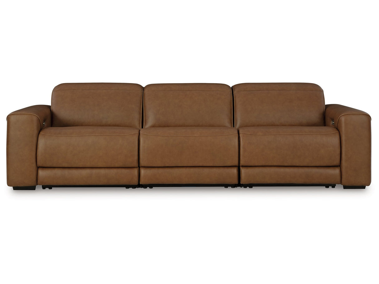 Magic Man Caramel 3-Piece Dual Power Leather Reclining Modular Sectional Sofa by Ashley at Eve Furniture
