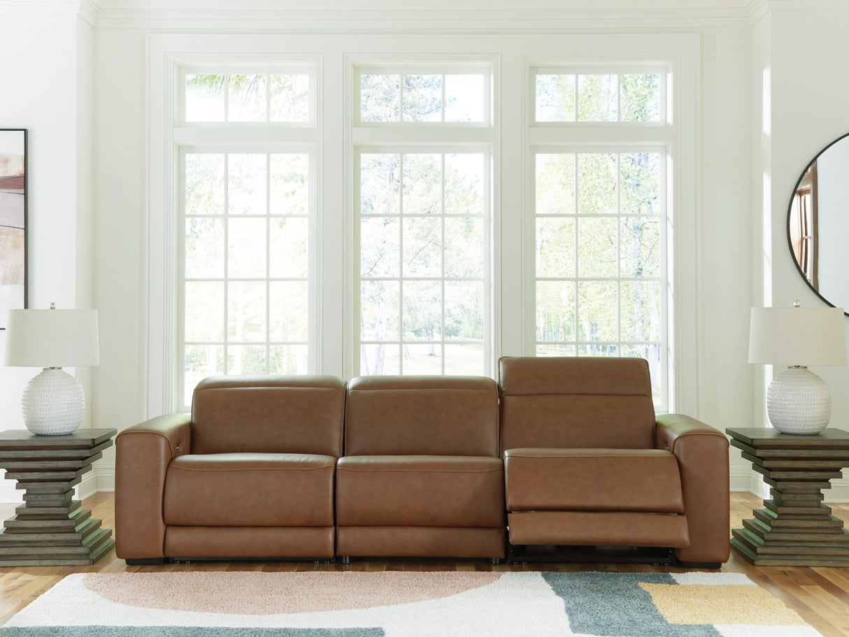 Magic Man Caramel 3-Piece Dual Power Leather Reclining Modular Sectional Sofa by Ashley at Eve Furniture