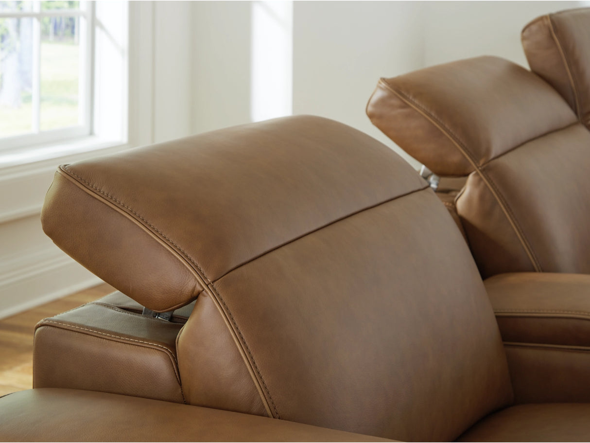 Magic Man Caramel Dual Power Leather Reclining Modular Loveseat with Console by Ashley at Eve Furniture