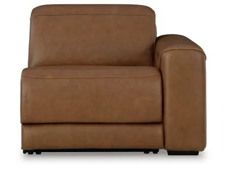 Magic Man Caramel 2-Piece Dual Power Leather Reclining Modular Loveseat by Ashley at Eve Furniture