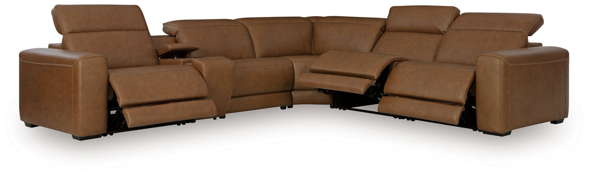 Magic Man Caramel 6-Piece Power Reclining Sectional with Console by Ashley at Eve Furniture