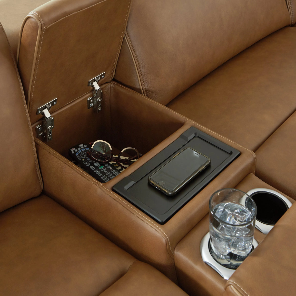 Magic Man Caramel Dual Power Leather Reclining Modular Loveseat with Console by Ashley at Eve Furniture
