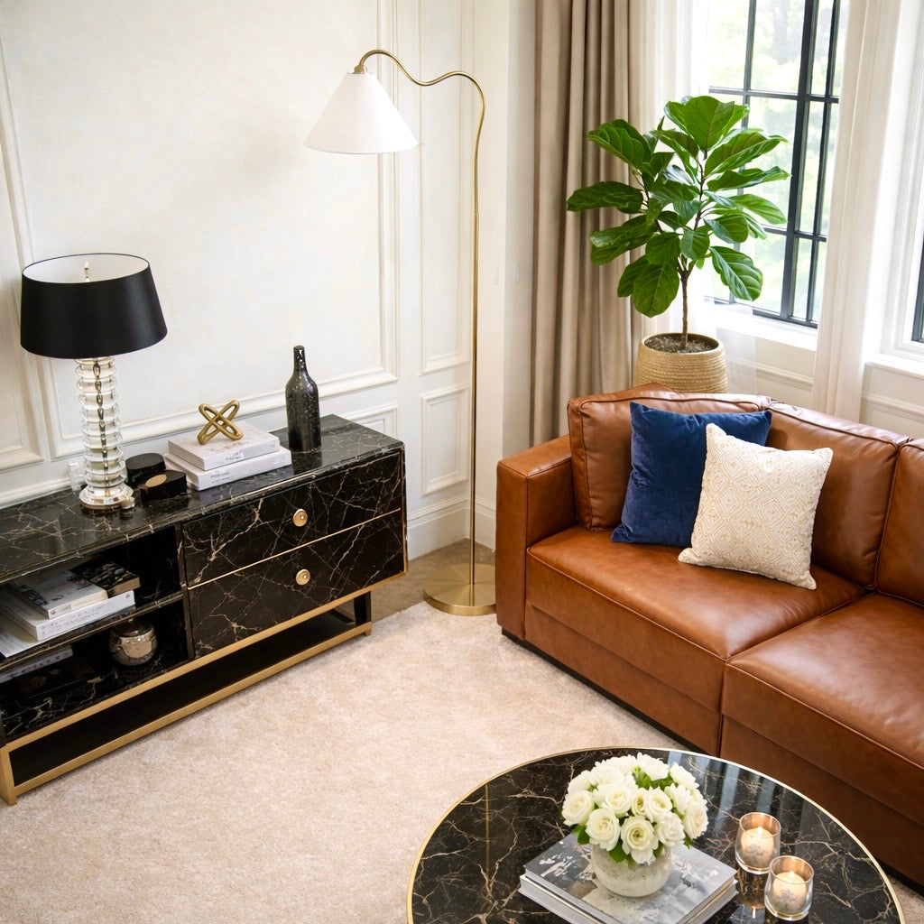 Majestic Brass Ring Base Curved Floor Lamp by Ashcroft Furniture at Eve Furniture