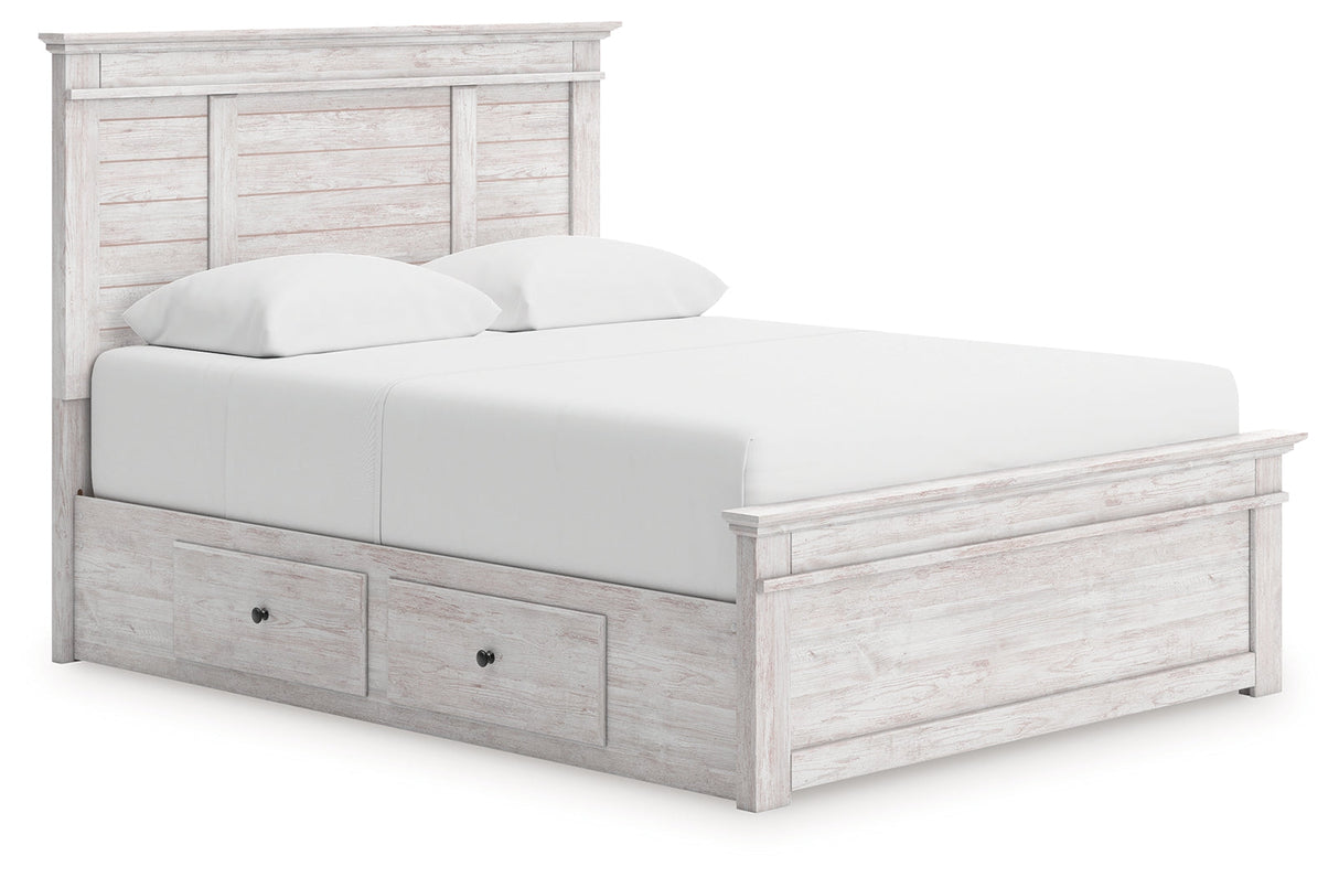 Makidern Whitewash Queen Panel Bed with Storage, Dresser and Mirror by Ashley at Eve Furniture