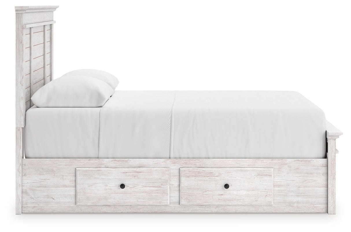 Makidern Whitewash Queen Panel Bed with Storage, Dresser and Mirror by Ashley at Eve Furniture