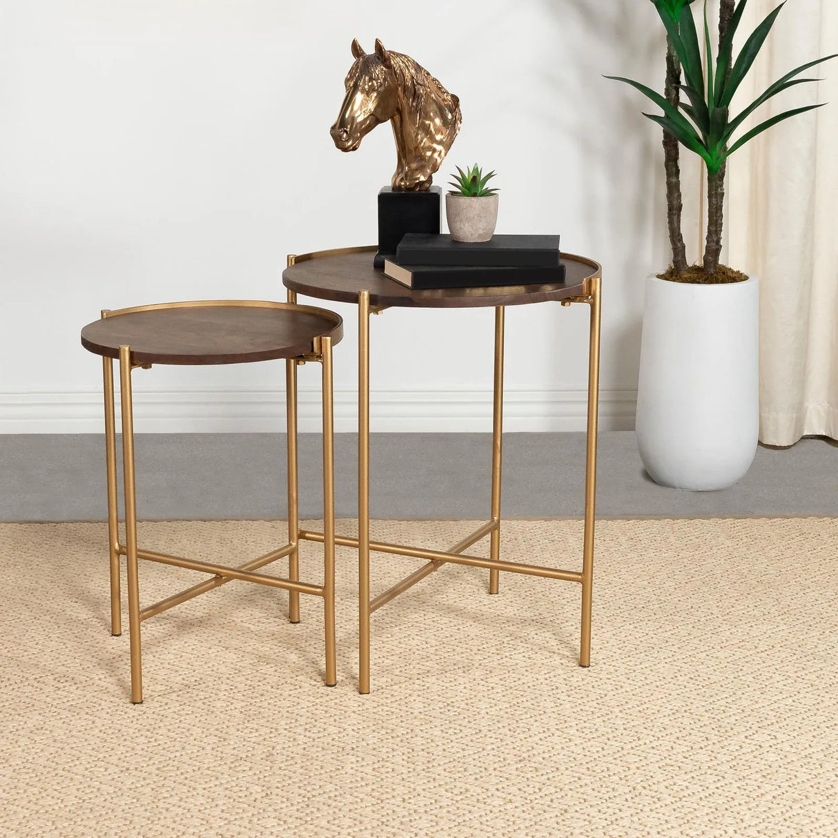 Malka Dark Brown and Gold 2-piece Round Nesting Table by Coaster at Eve Furniture