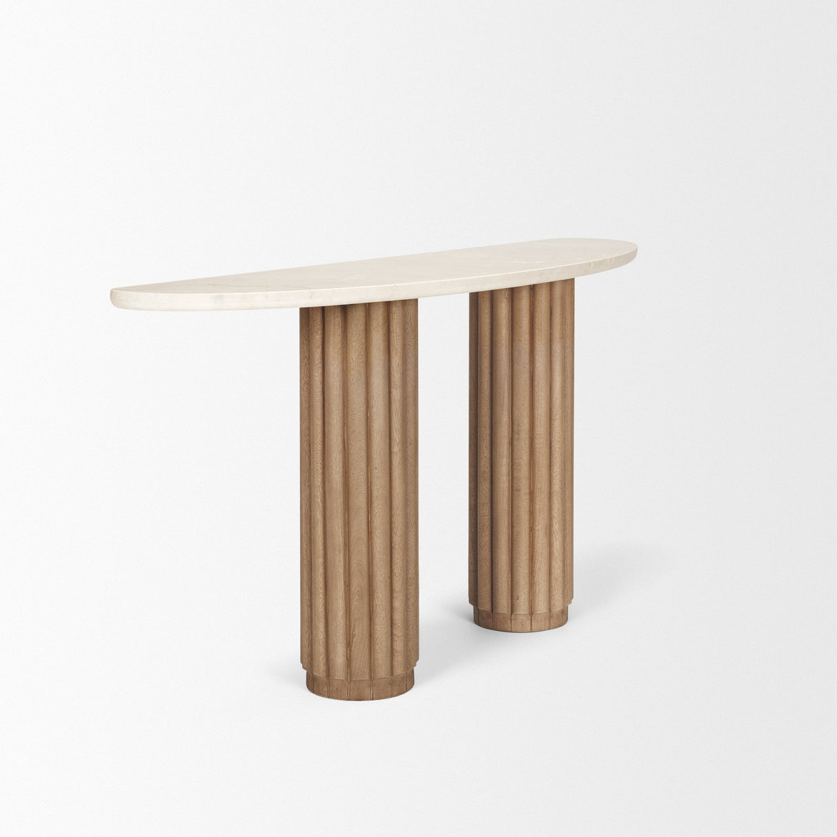 Marbrello Botticino Marble Top Light Brown Fluted Wood Half Moon Console Table by Mercana at Eve Furniture