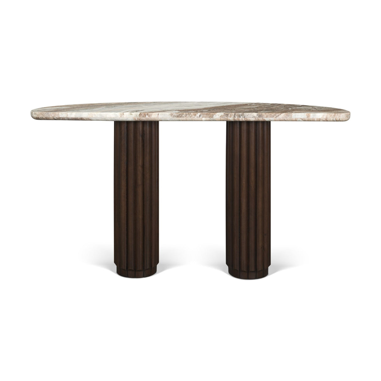 Marbrello Pink Marble Top Dark Brown Fluted Wood Half Moon Console Table Top by Mercana at Eve Furniture