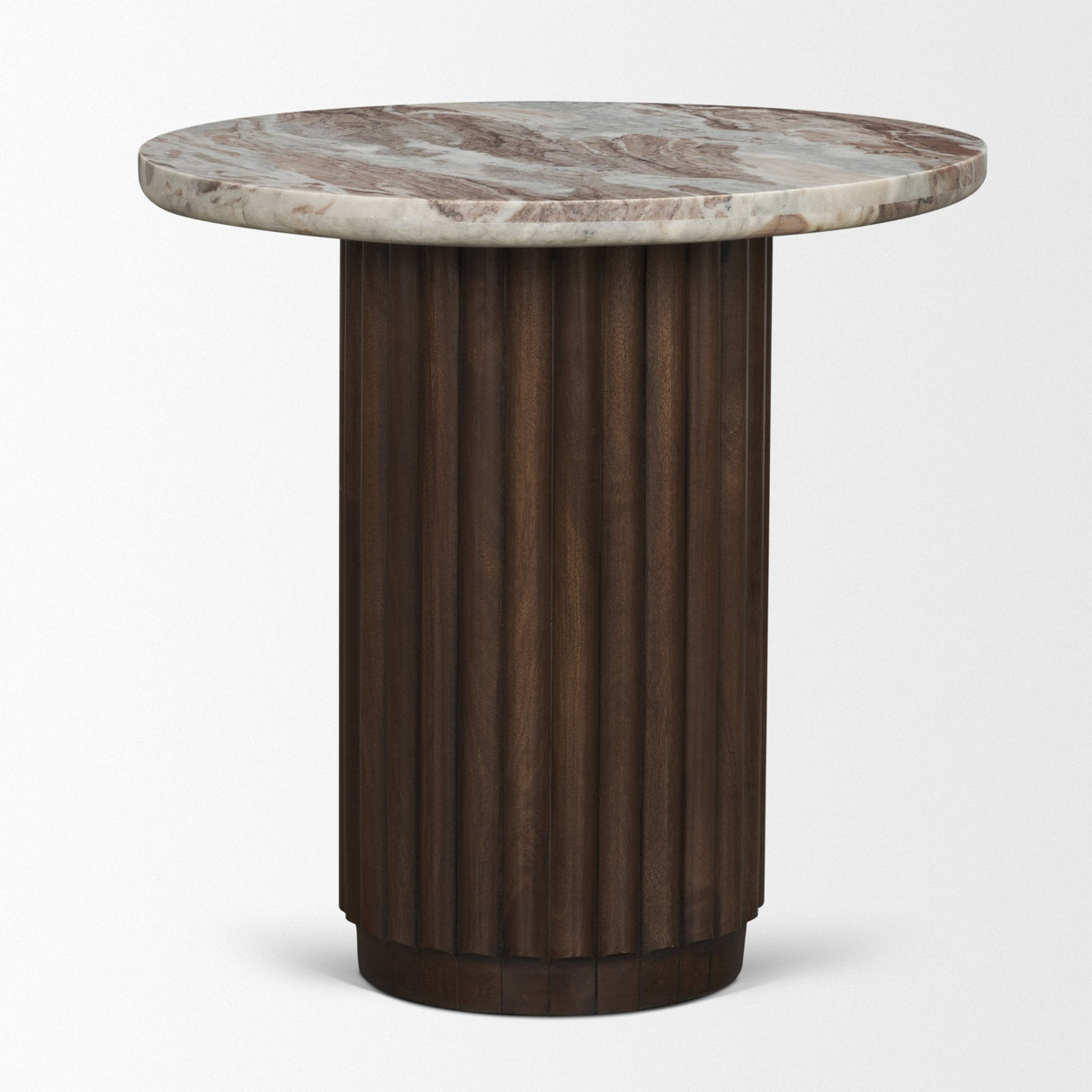 Marbrello Pink Marble Top Espresso Brown Fluted Wood Round Side Table by Mercana at Eve Furniture