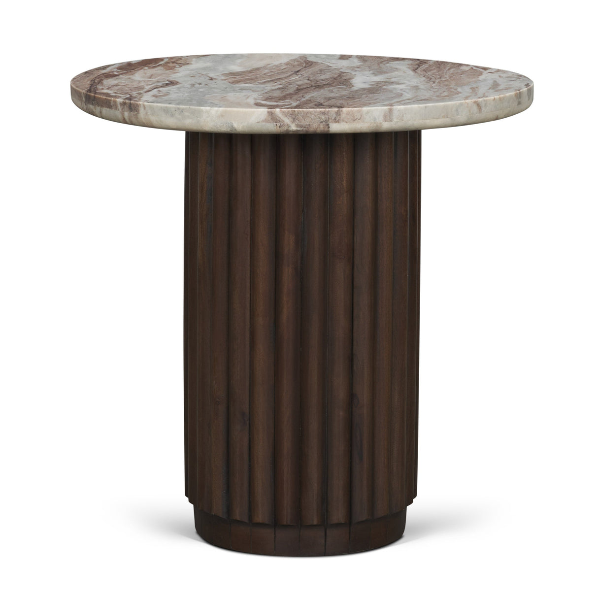 Marbrello Pink Marble Top Espresso Brown Fluted Wood Round Side Table by Mercana at Eve Furniture