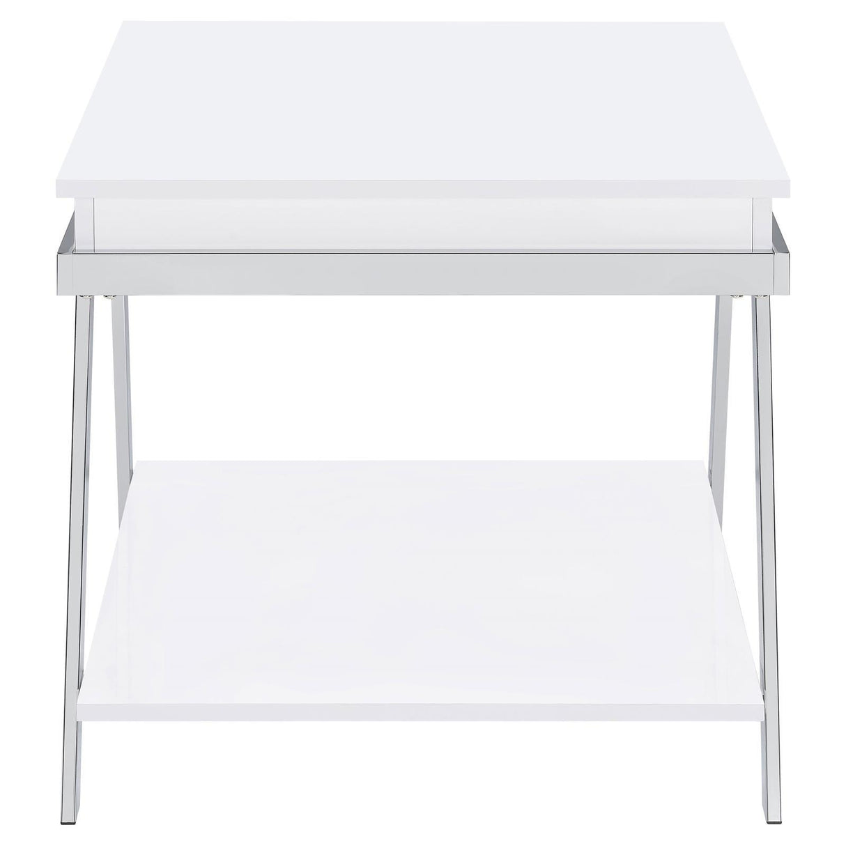 Marcia White High Gloss and Chrome Wood Rectangular End Table by Coaster at Eve Furniture