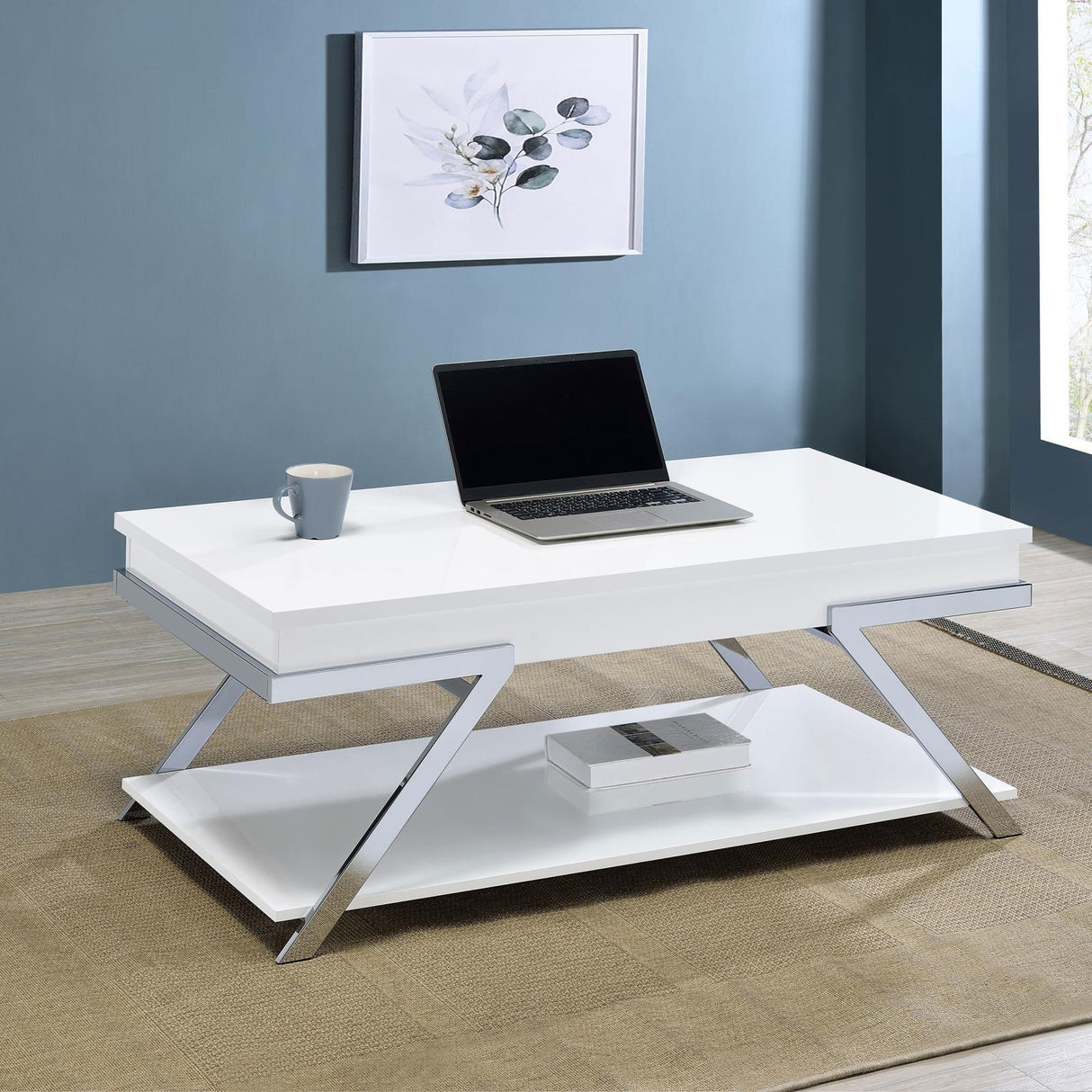 Marcia Wood Rectangular Lift Top Coffee Table White High Gloss and Chrome by Coaster at Eve Furniture