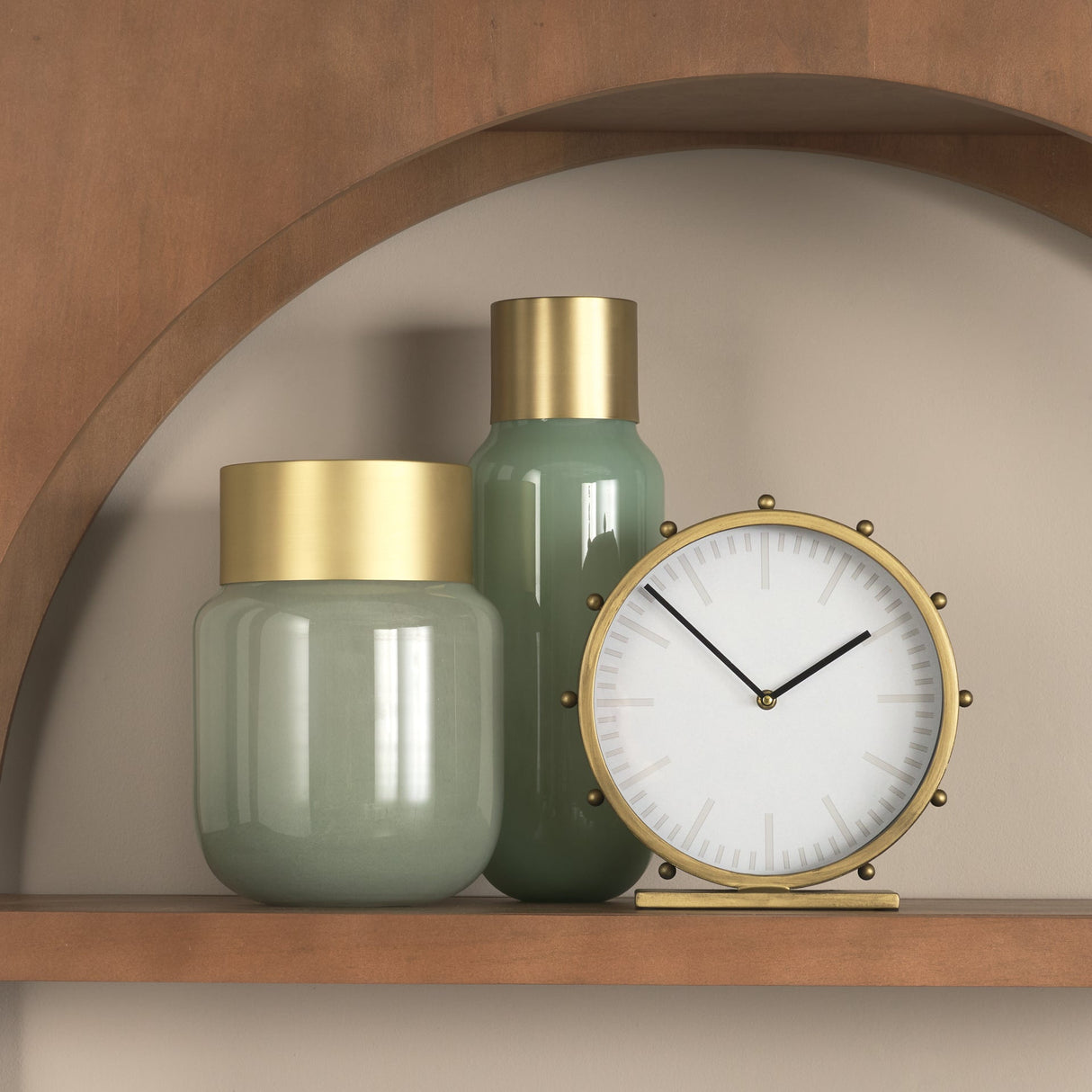 Marian 11.0L x 3.1W x 11.0H Gold Metal W/Studs Round Table Clock by Mercana at Eve Furniture