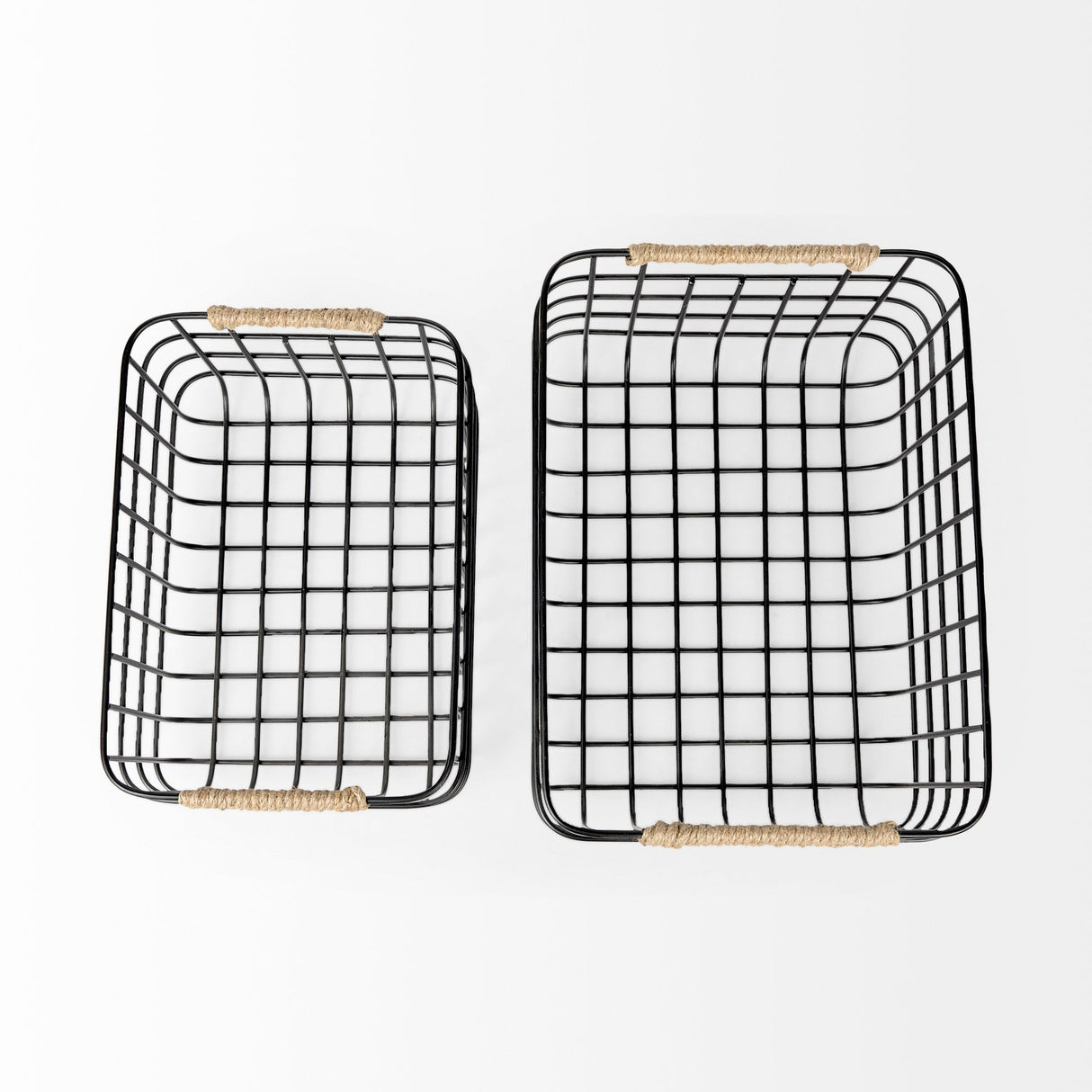 Marius (Set of 2) Matte Black Metal W/ Rope Trim Rectangular Baskets by Mercana at Eve Furniture