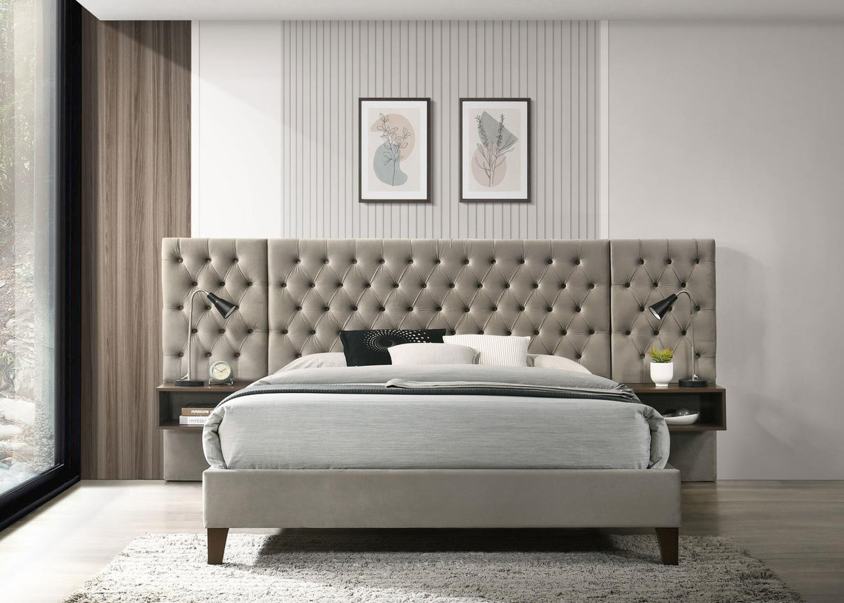 Marley Light Brown Upholstered Queen Platform Bed with Headboard Panels by Coaster at Eve Furniture