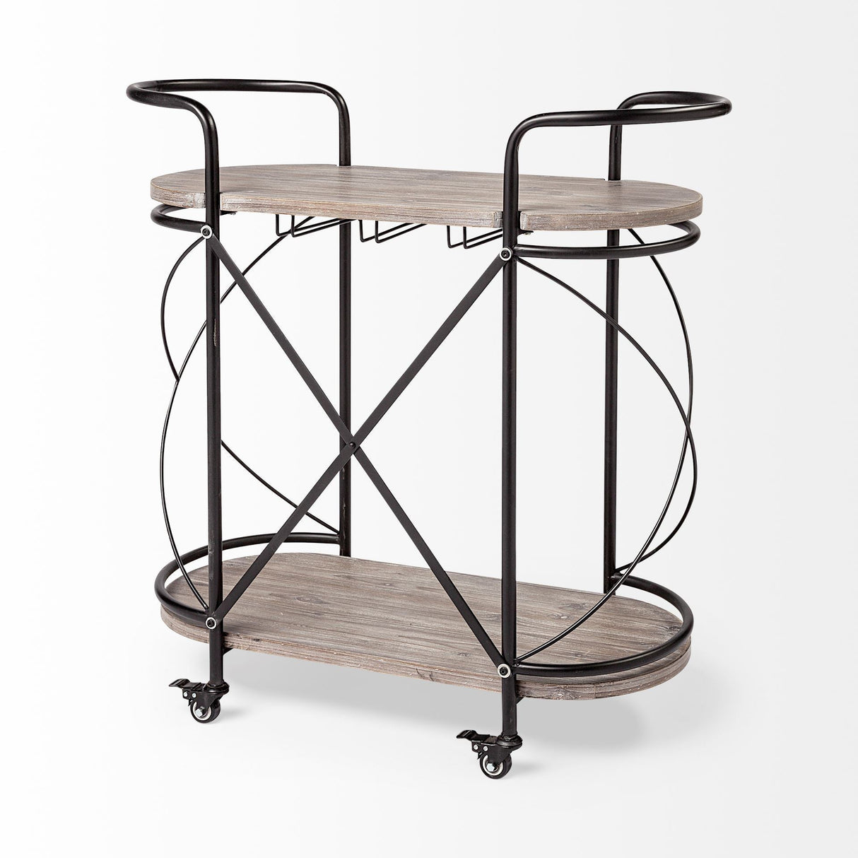 Marlon Black Metal Frame Two Tier Shelves w/Stemware holder Bar Cart by Mercana at Eve Furniture