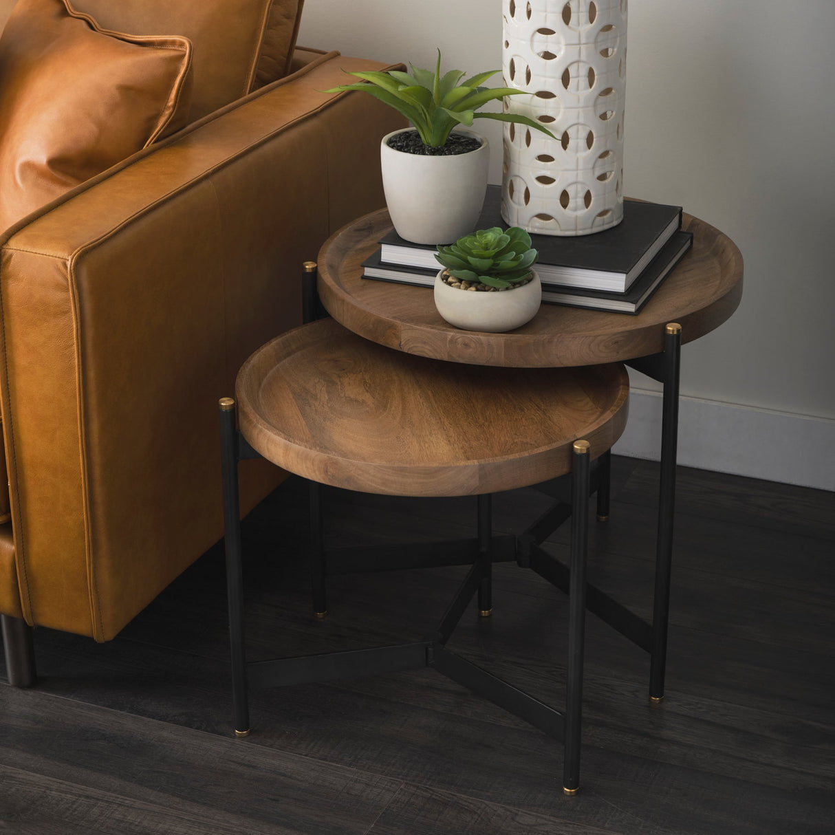 Marquisa (Set of 2) 22.5L x 22.5W x 20.8H Light Brown Wood W/ Black Metal Base Nesting Side Tables by Mercana at Eve Furniture