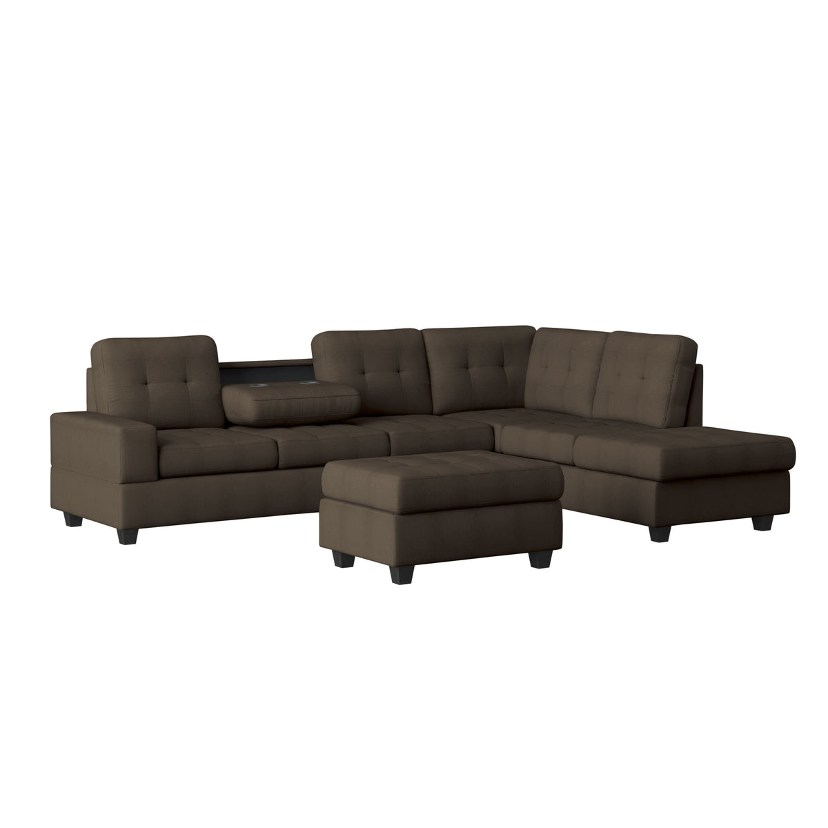 Maston Chocolate 3-Piece Reversible Sectional with Drop-Down Cup Holders and Storage Ottoman by Homelegance at Eve Furniture