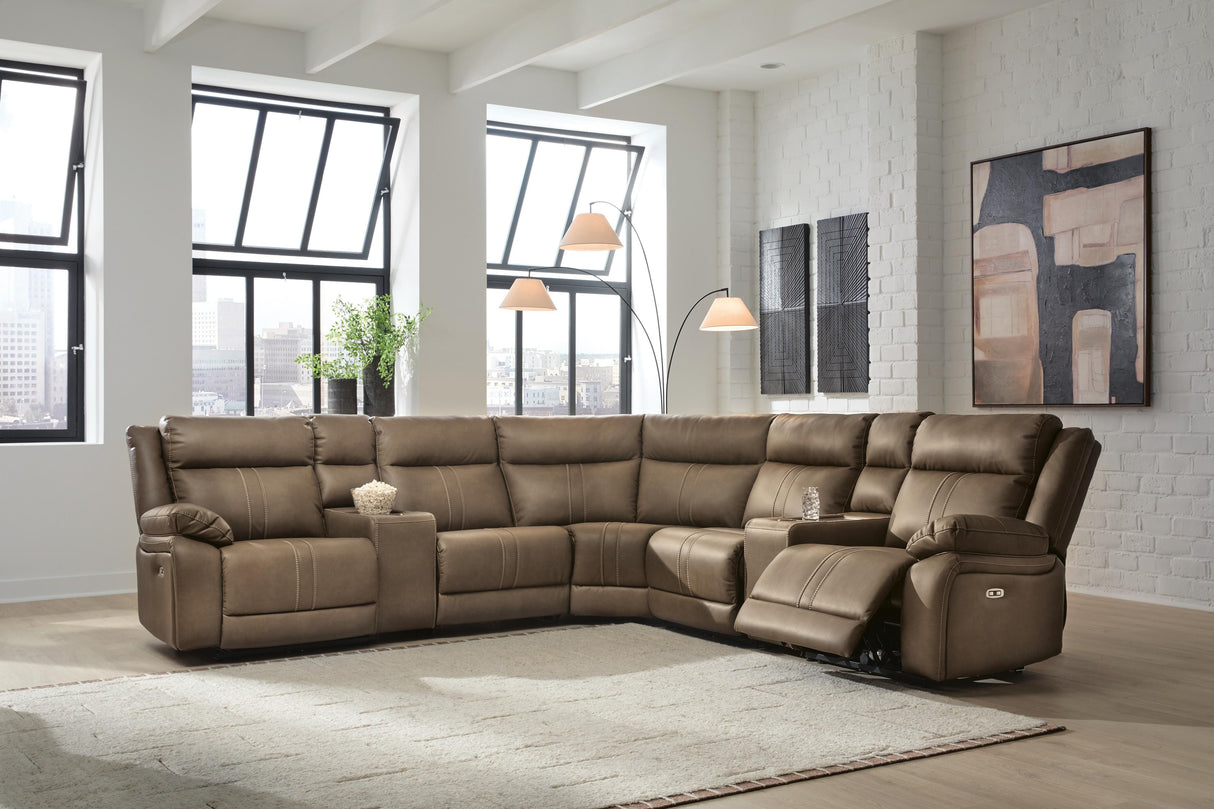 Max-Momentum Biscotti 7-Piece Power Reclining Sectional with Audio Consoles by Ashley at Eve Furniture