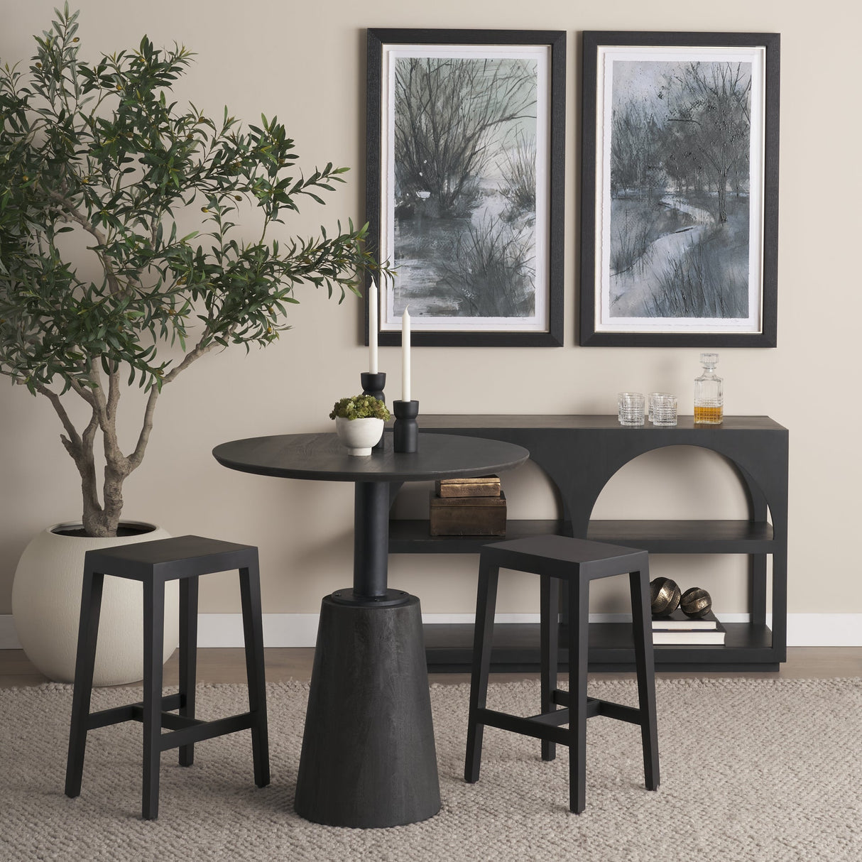Maxwell Round Black-Brown Wood w/ Black Metal Pedestal Bistro Table by Mercana at Eve Furniture