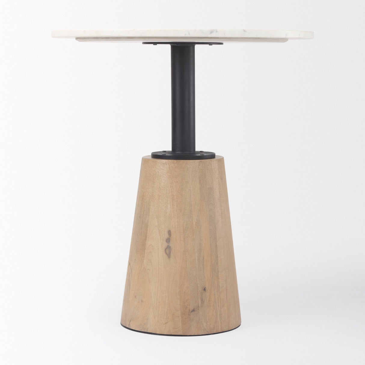Maxwell Round White Marble Tabletop w/ Blonde Wood & Black Metal Accent Pedestal Bistro Table by Mercana at Eve Furniture