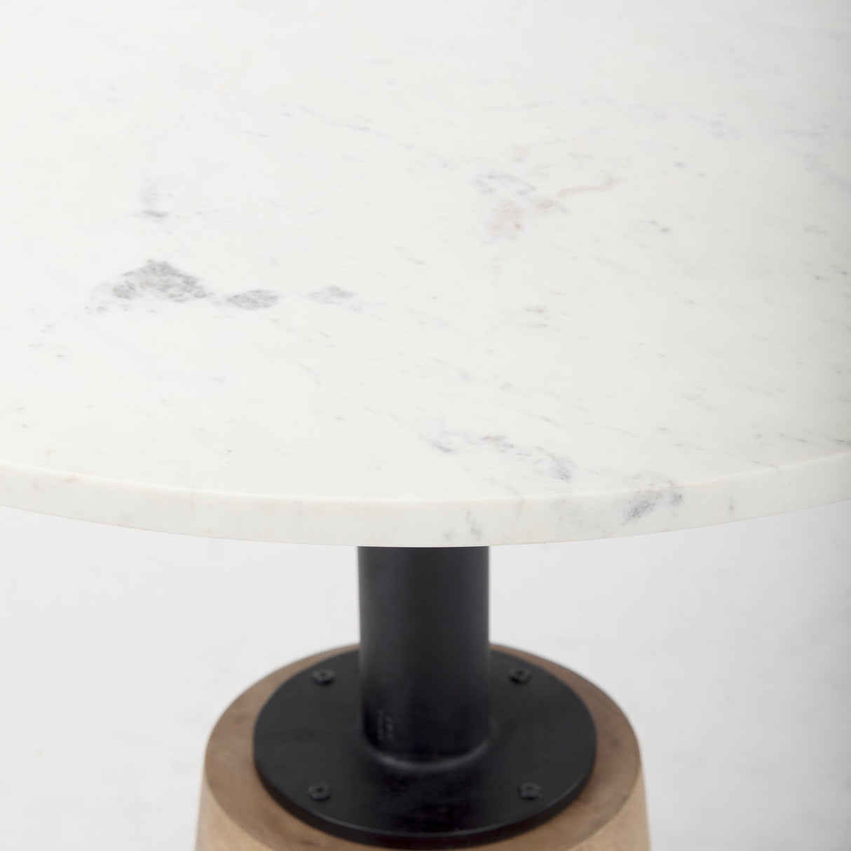 Maxwell Round White Marble Tabletop w/ Blonde Wood & Black Metal Accent Pedestal Bistro Table by Mercana at Eve Furniture