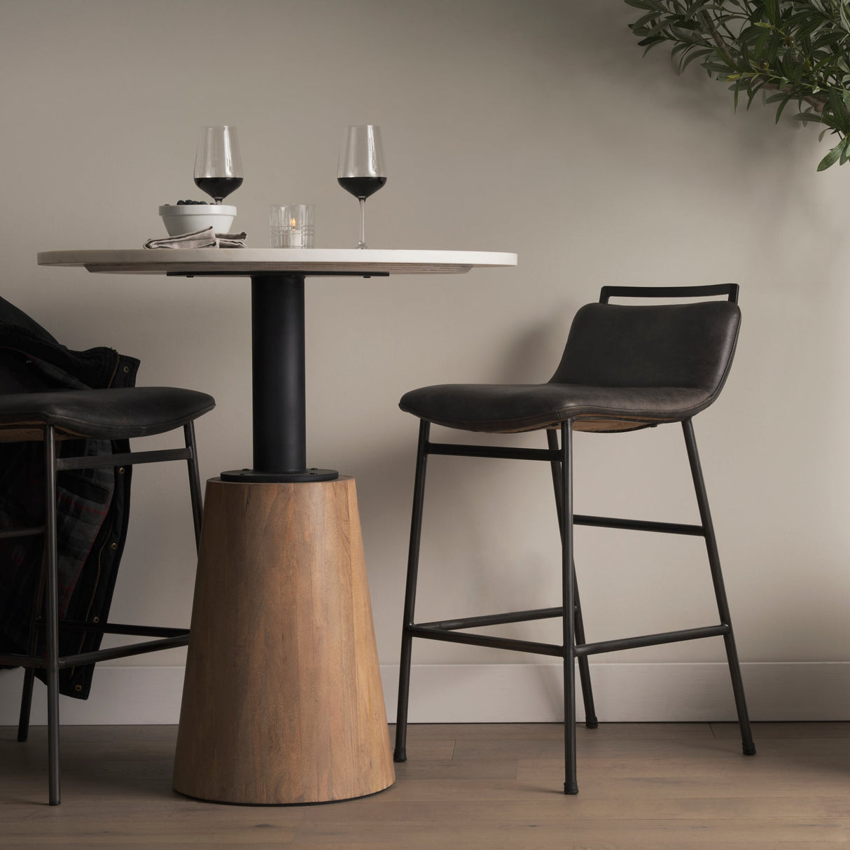 Maxwell Round White Marble Tabletop w/ Blonde Wood & Black Metal Accent Pedestal Bistro Table by Mercana at Eve Furniture