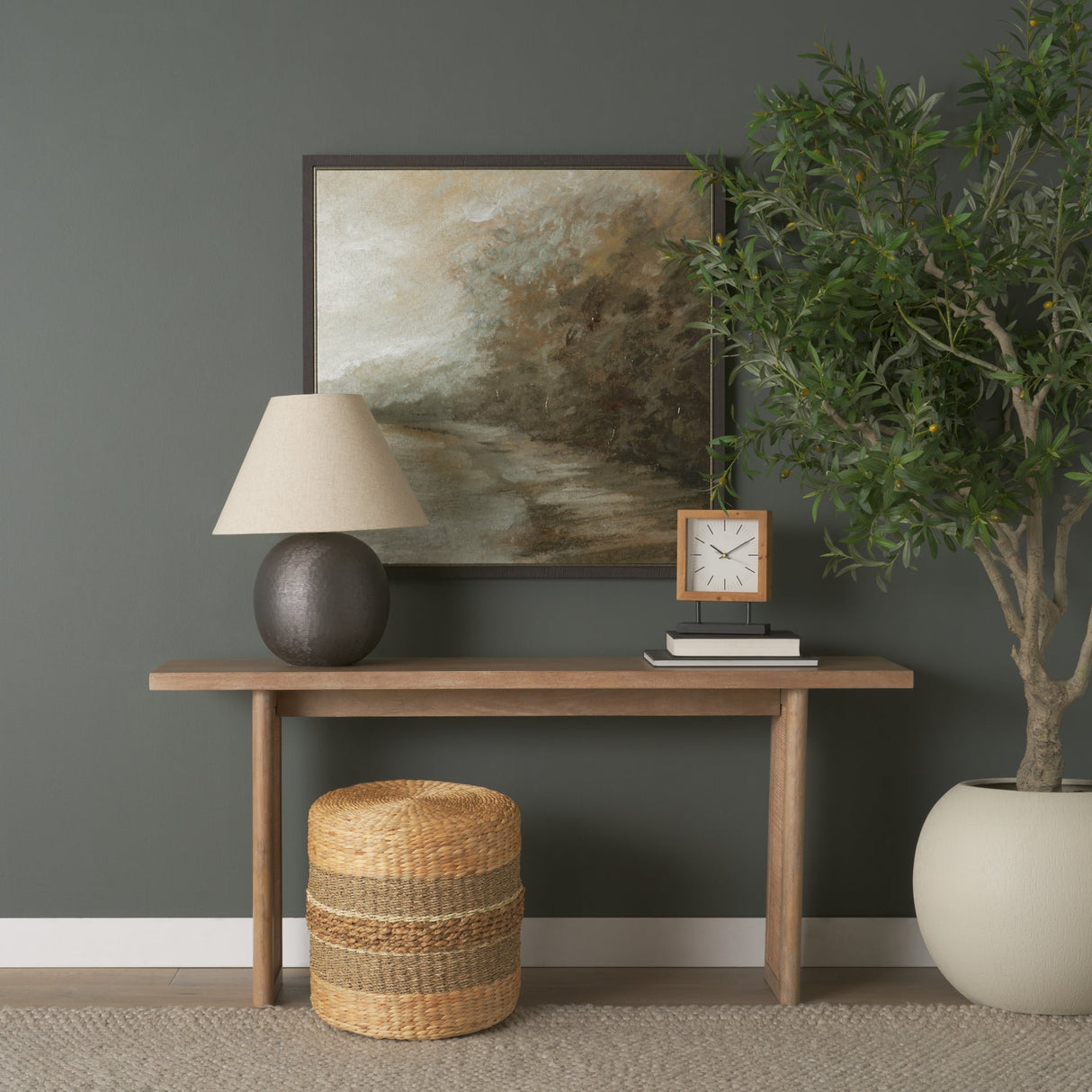 Maya 17.7L x 17.7W x 17.7H Light Brown W/Medium Brown Stripes Seagrass Round Pouf by Mercana at Eve Furniture